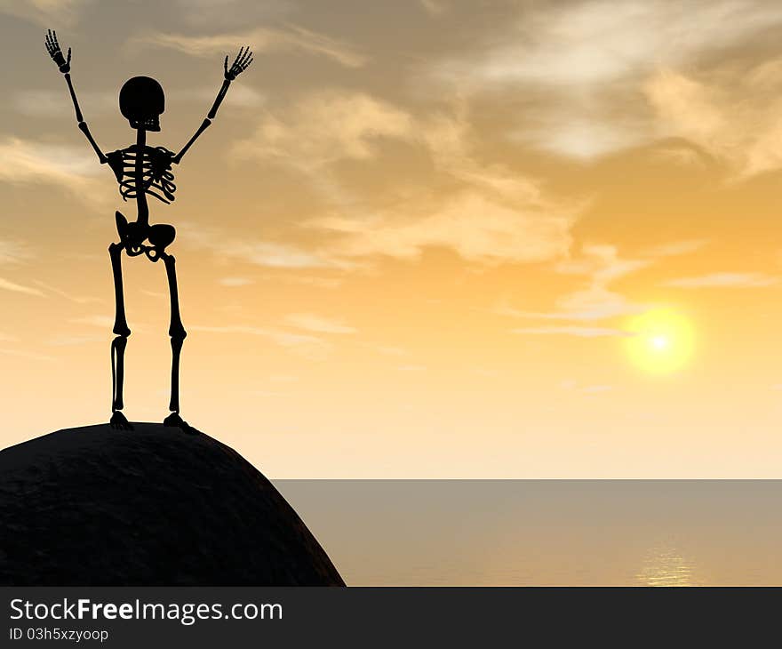 Illustration of skeleton climber silhouette on top of rock. Mountain, sunset or sunrise, sea.