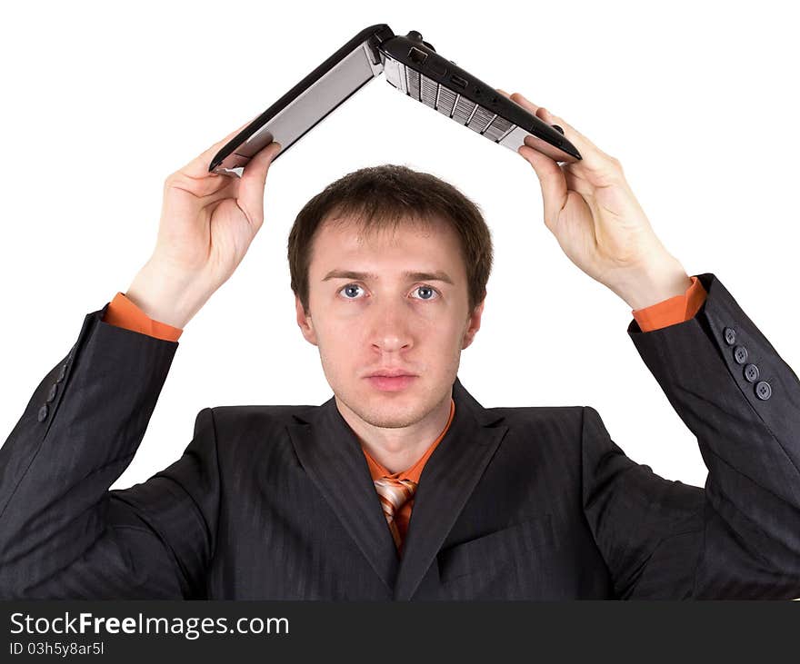 A young man with laptop isolated on white