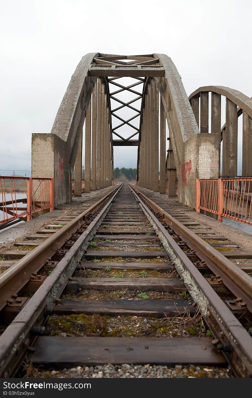 Railway bridge through Volga river In Kalyazin. Russia