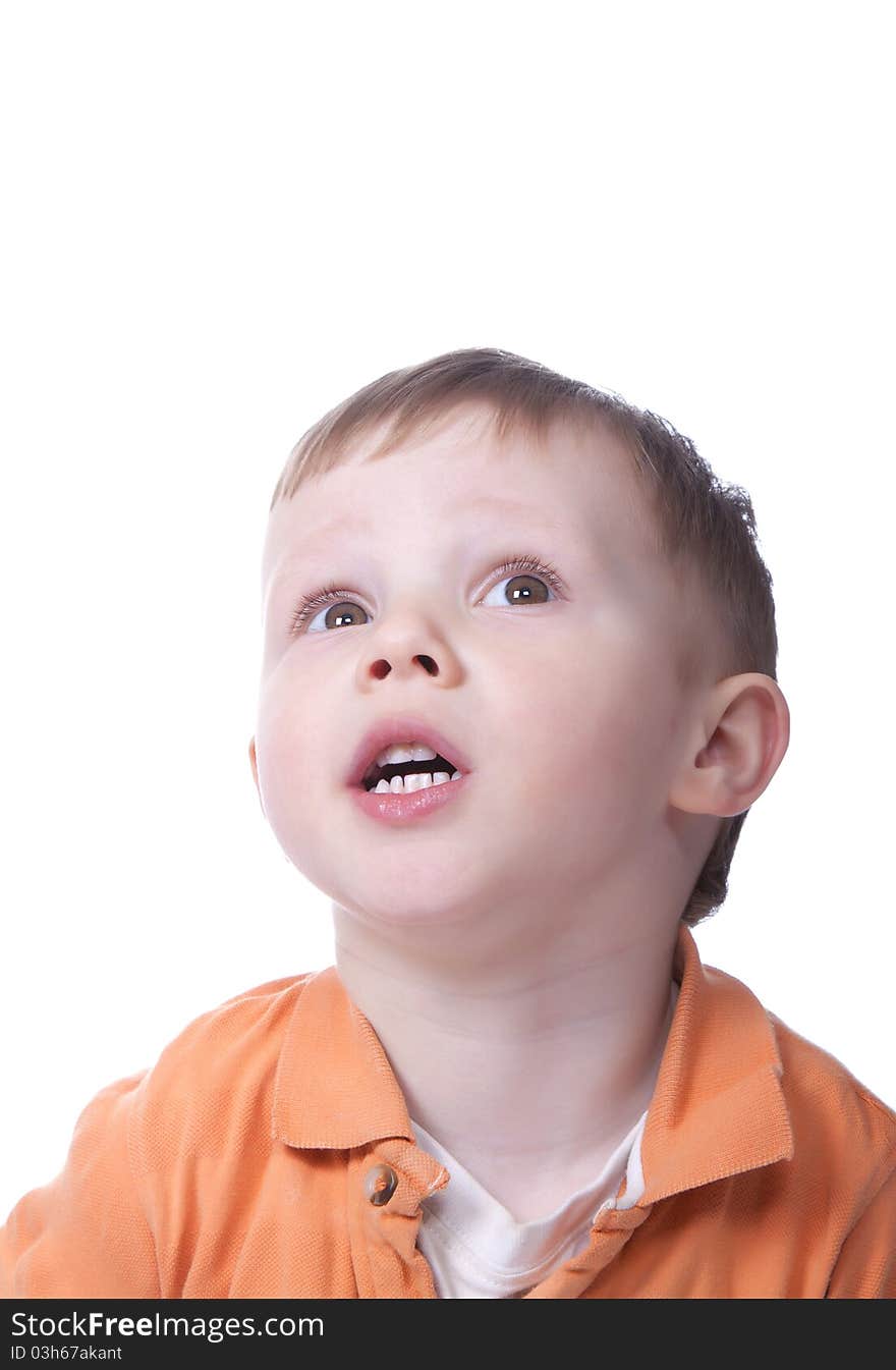 Two, three years old baby boy look up isolated on a white background.