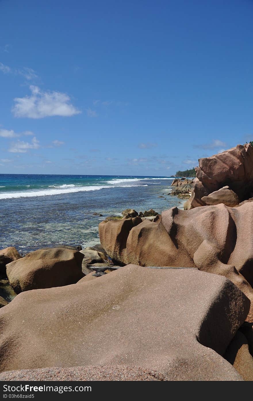 Typical Rock formation at East coast of La Digue, Seychelles