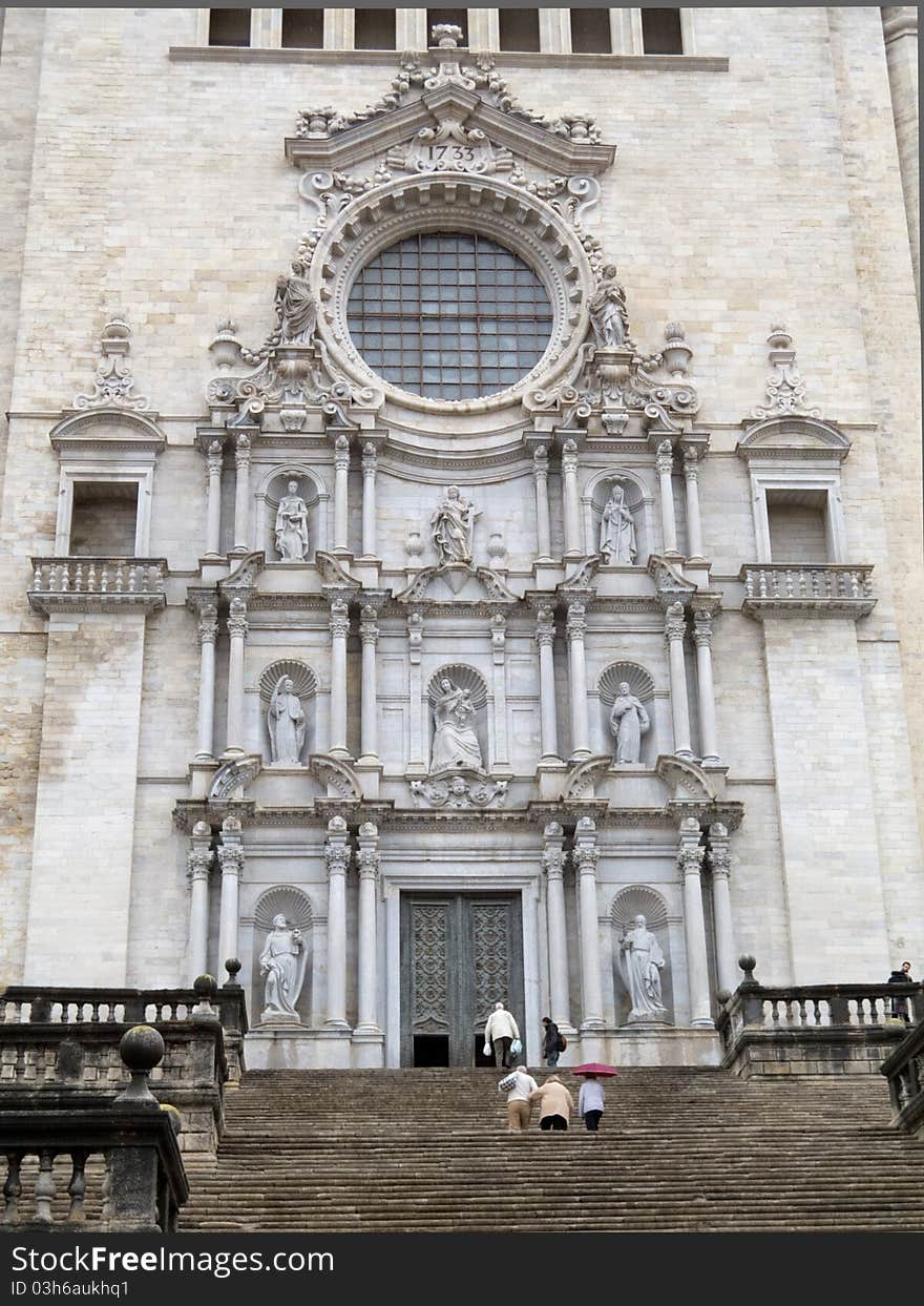 A view of the Cathedral of Girona in Girona, Catalonia, Spain.