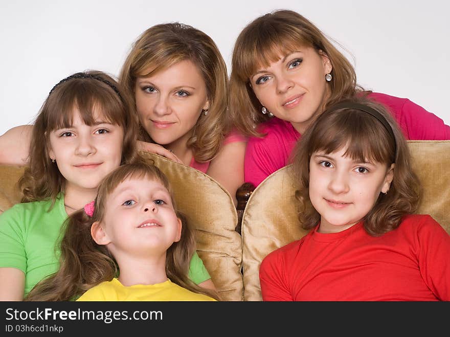 Happy family of five on a white background. Happy family of five on a white background