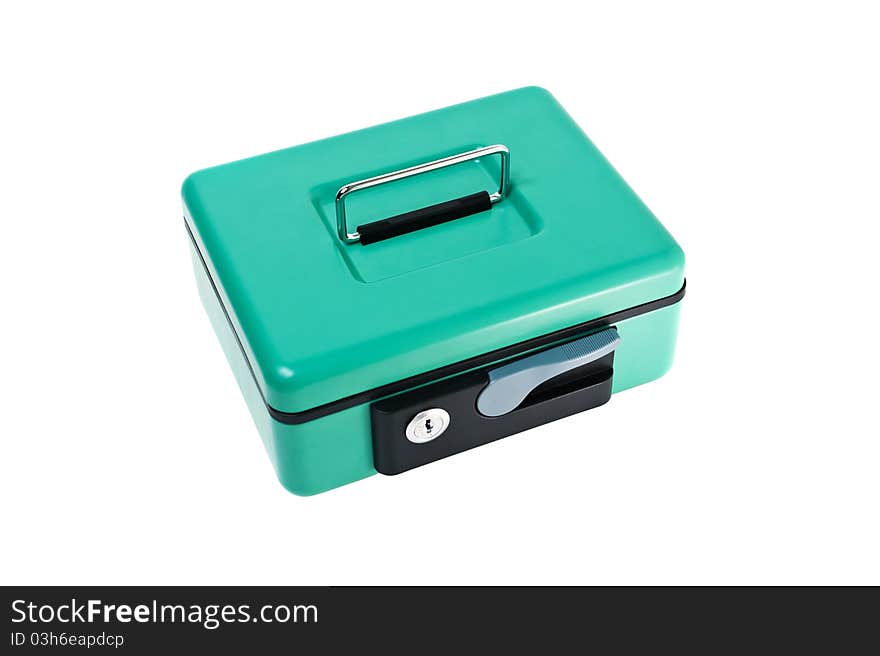 Closed metal cash box on white background