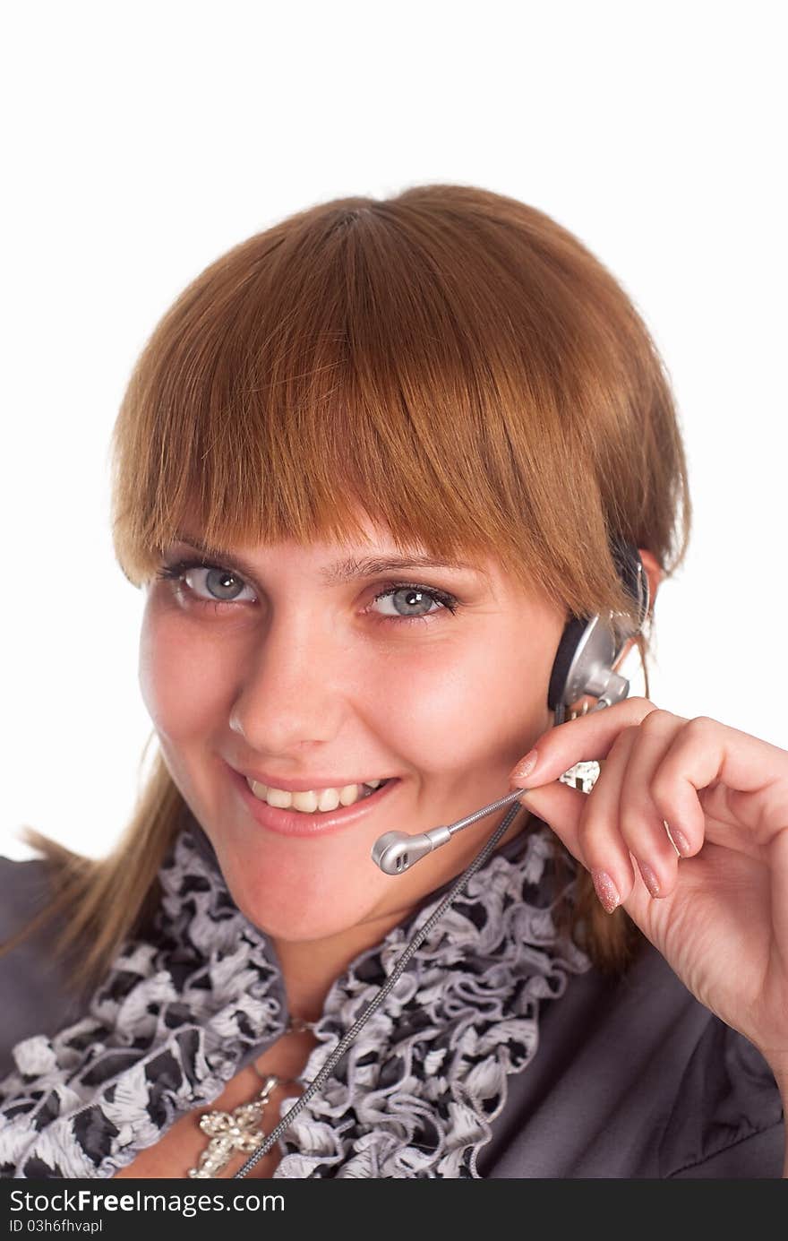 Pretty worker with microphone