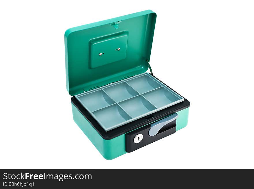 Opened metal cash box on white background