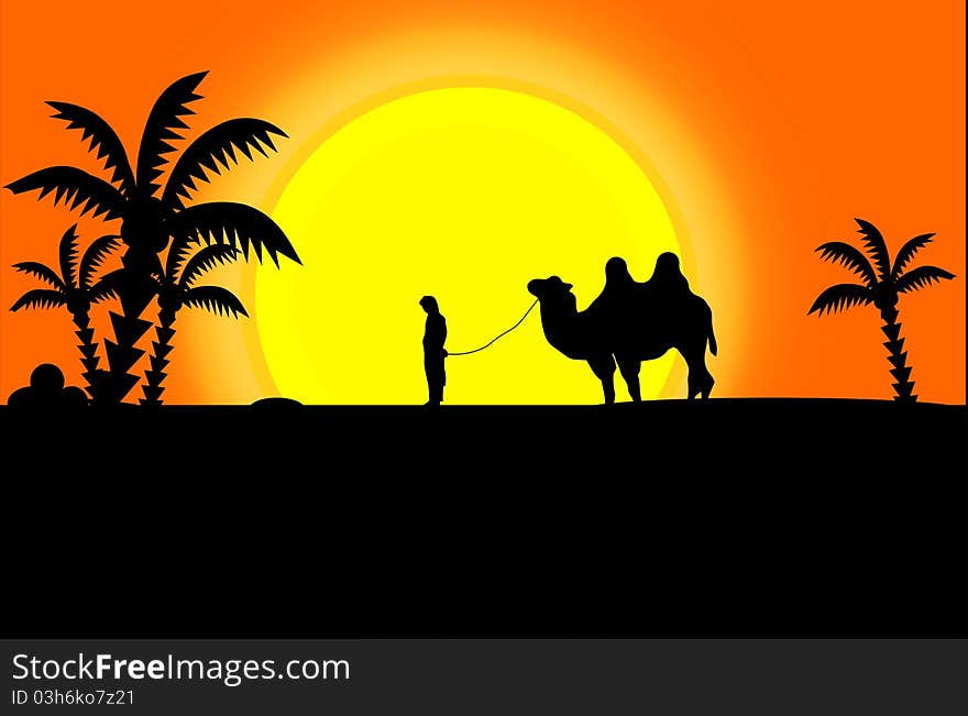 Beautiful picture of black silhouettes of camel, palms and man. Beautiful picture of black silhouettes of camel, palms and man.