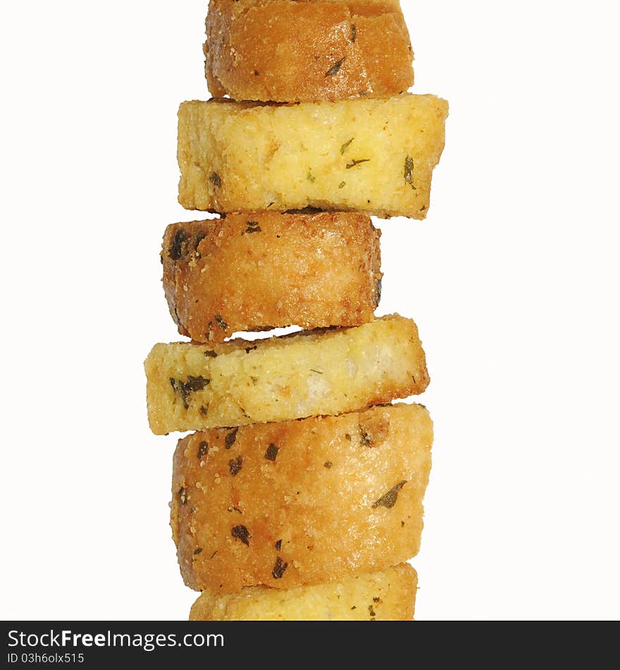 Closeup of delicious fresh bread croutons with isolated background. Closeup of delicious fresh bread croutons with isolated background