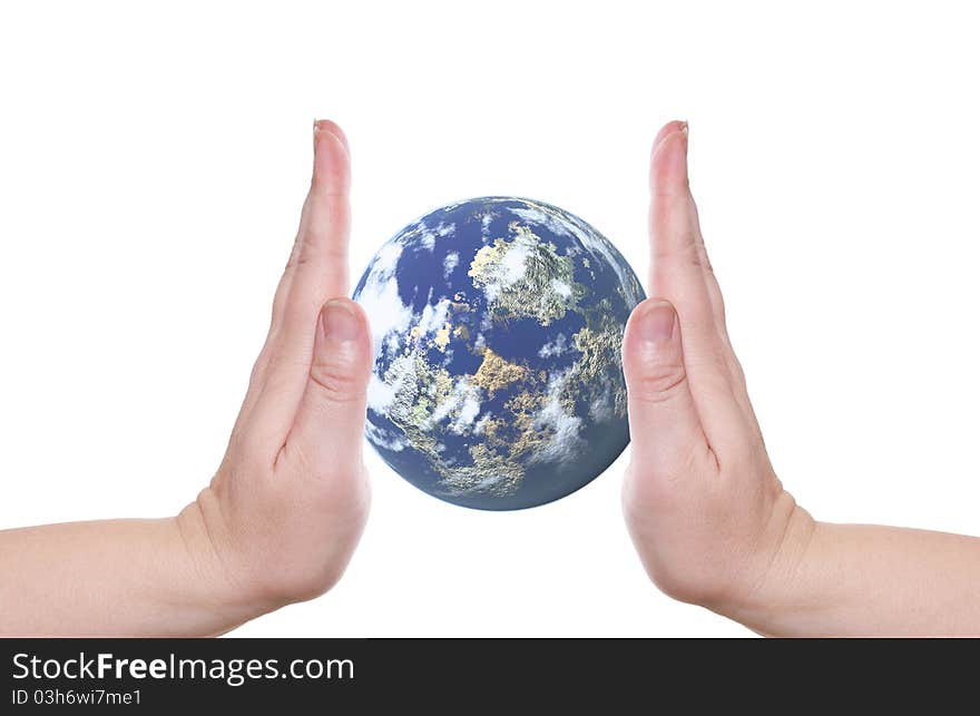 Two palms on a white background hold the planet. Two palms on a white background hold the planet
