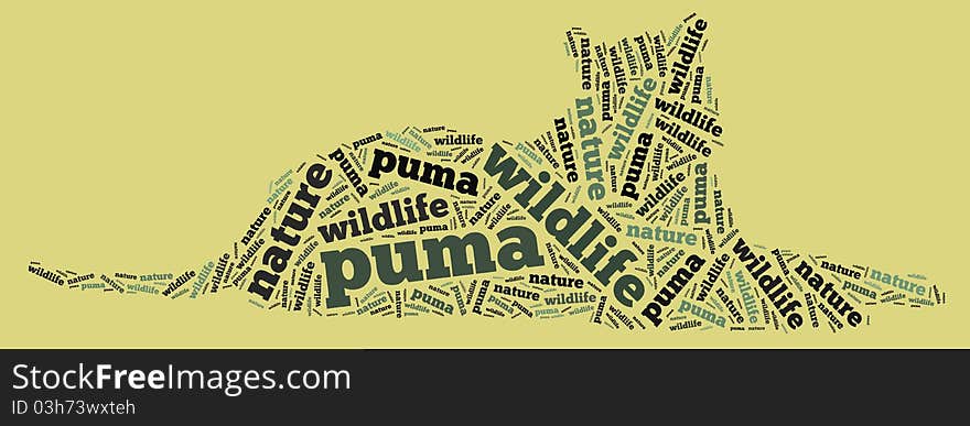 Textcloud: silhouette of puma on brown background. Textcloud: silhouette of puma on brown background