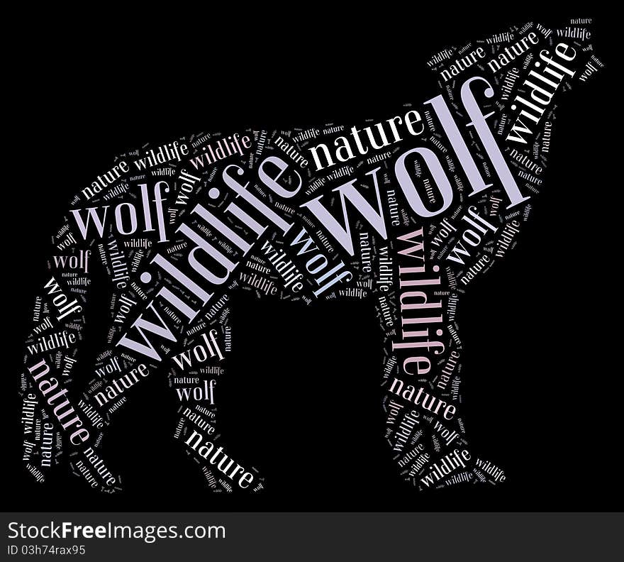 Textcloud: silhouette of wolf on black background. Textcloud: silhouette of wolf on black background