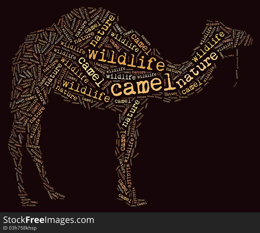 Textcloud: silhouette of camel of wildlife words on brown background. Textcloud: silhouette of camel of wildlife words on brown background