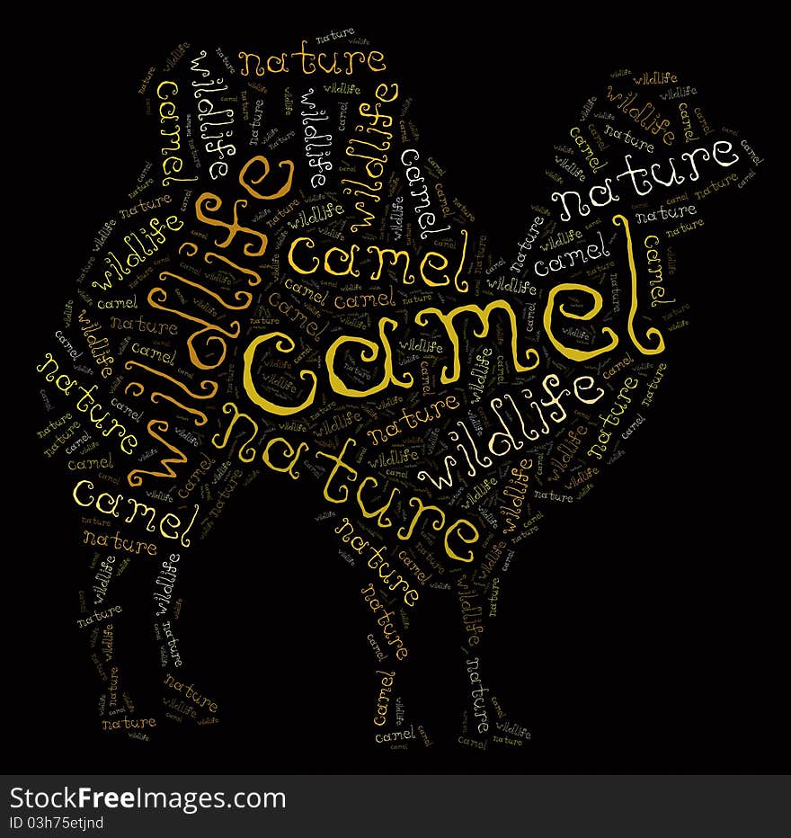 Textcloud: silhouette of camel on isolated black background. Textcloud: silhouette of camel on isolated black background