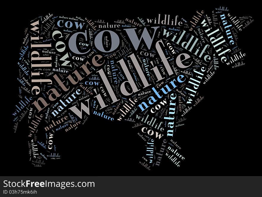 Textcloud: silhouette of cow of nature words on black backgroung. Textcloud: silhouette of cow of nature words on black backgroung