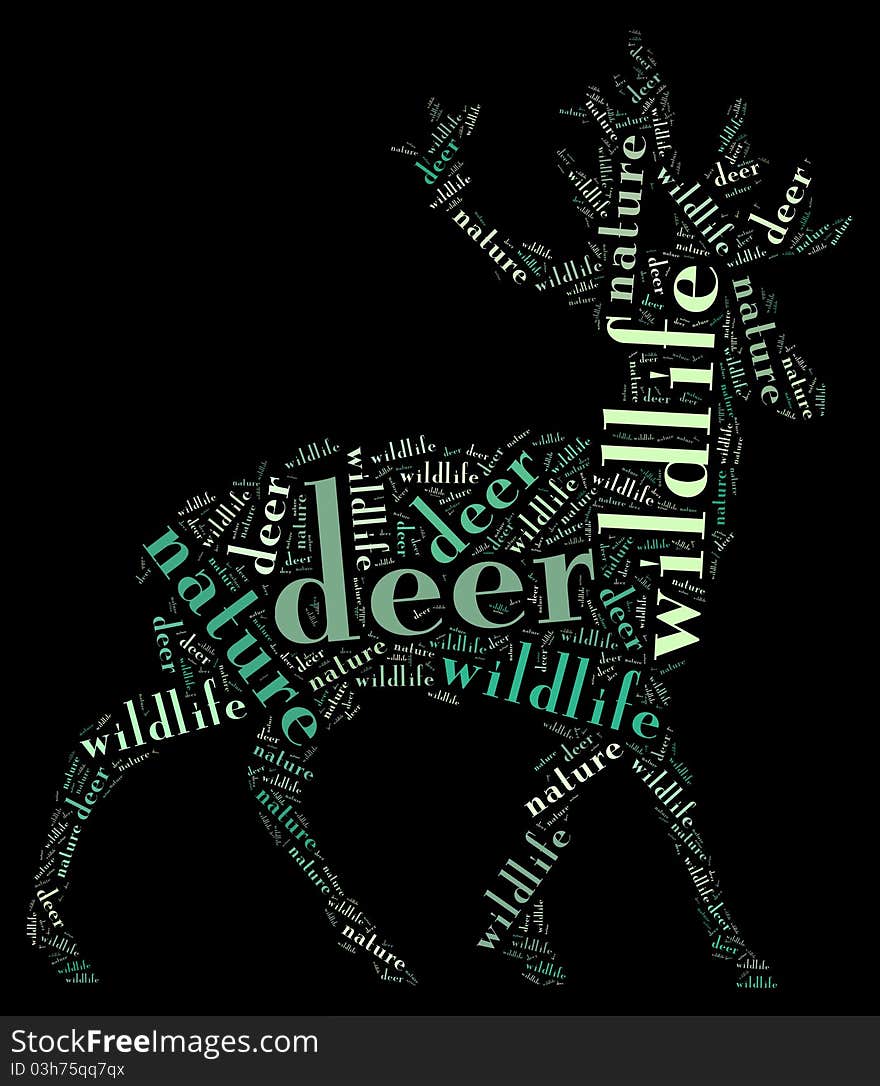 Textcloud: silhouette of deer of nature words on black backgroung. Textcloud: silhouette of deer of nature words on black backgroung