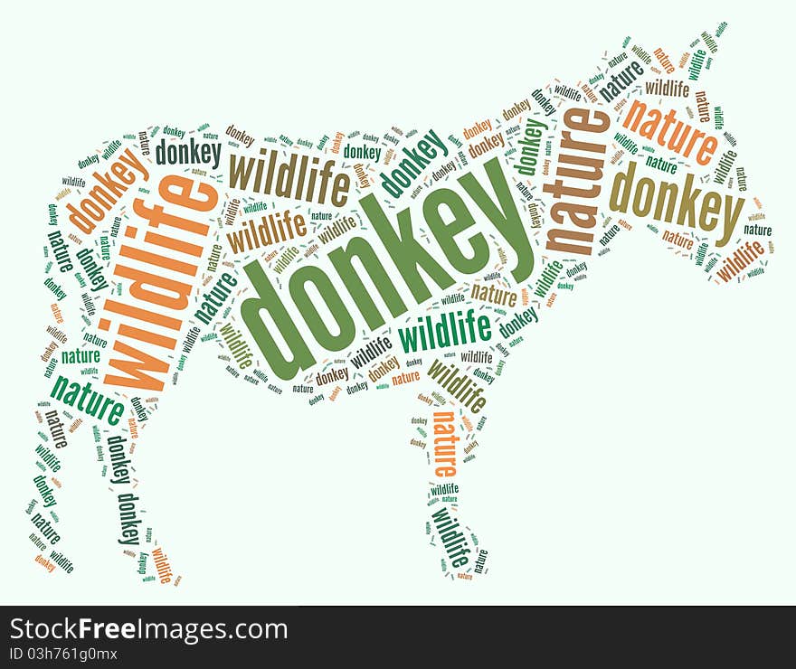 Textcloud: silhouette of donkey of nature words on green backgroung. Textcloud: silhouette of donkey of nature words on green backgroung