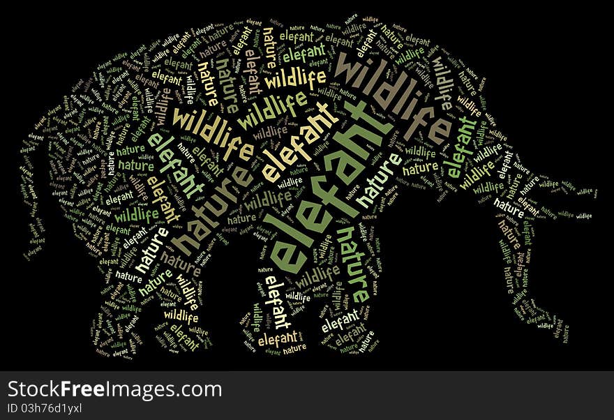 Textcloud: silhouette of elefant on isolated black background. Textcloud: silhouette of elefant on isolated black background