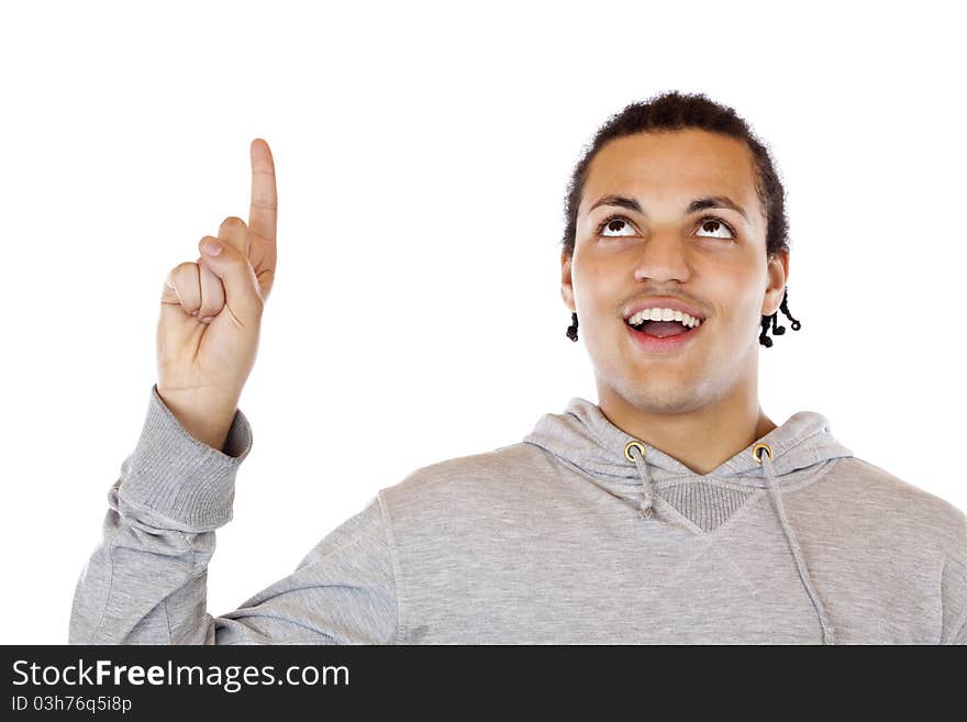 African man pointing with finger at copyspace