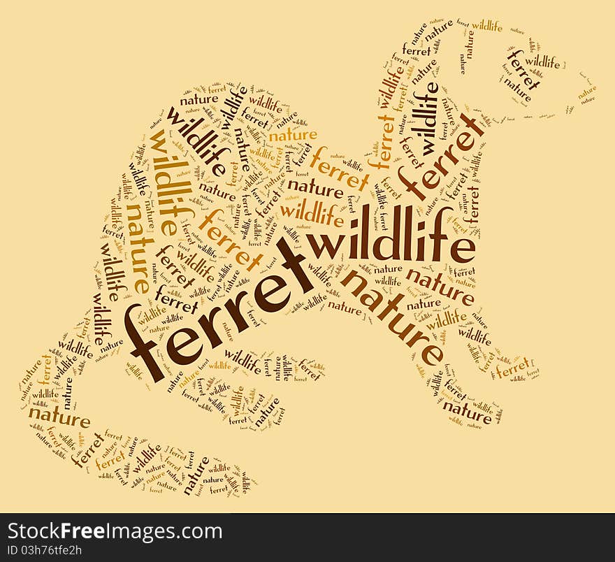 Textcloud: silhouette of ferret of nature words. Textcloud: silhouette of ferret of nature words