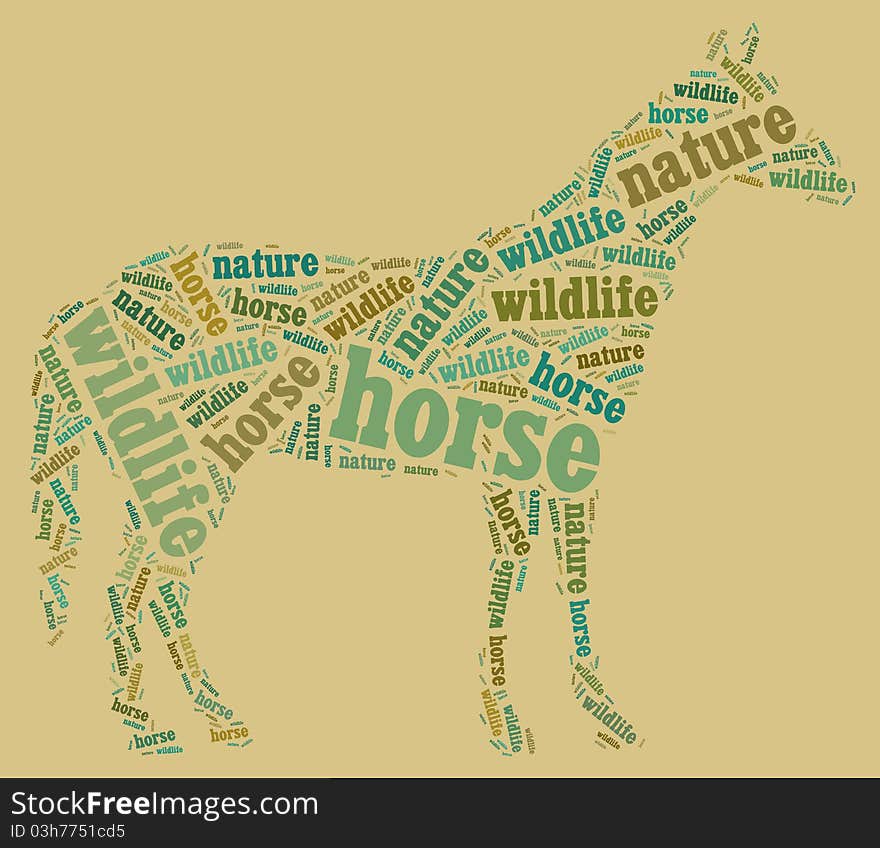 Textcloud: silhouette of horse of nature words on brown background. Textcloud: silhouette of horse of nature words on brown background