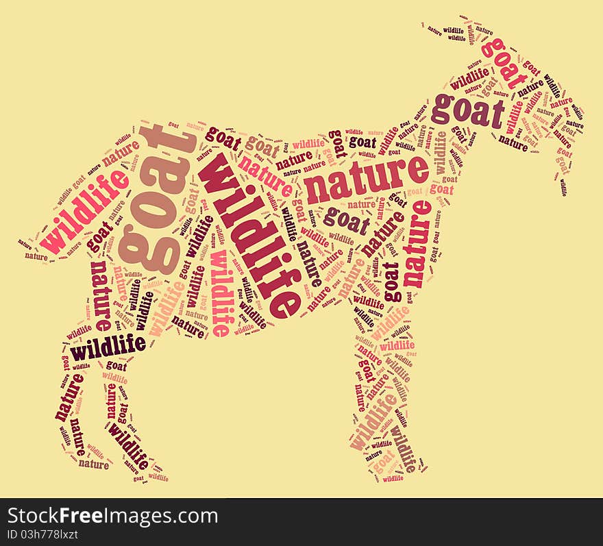 Textcloud: silhouette of goat of nature words on yellow backgroung. Textcloud: silhouette of goat of nature words on yellow backgroung