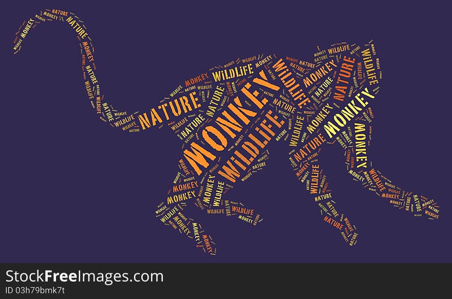 Textcloud: isolated silhouette of monkey of wildlife words