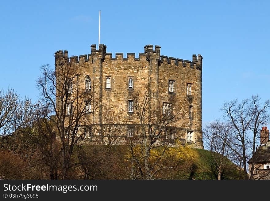 Durham Castle against a clear blue sky