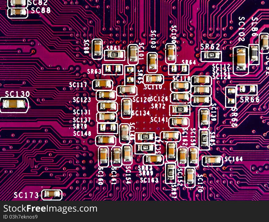 Back view of red circuit board. Back view of red circuit board