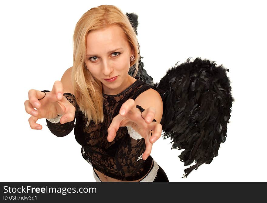 Model in costume of black angel posing for photo