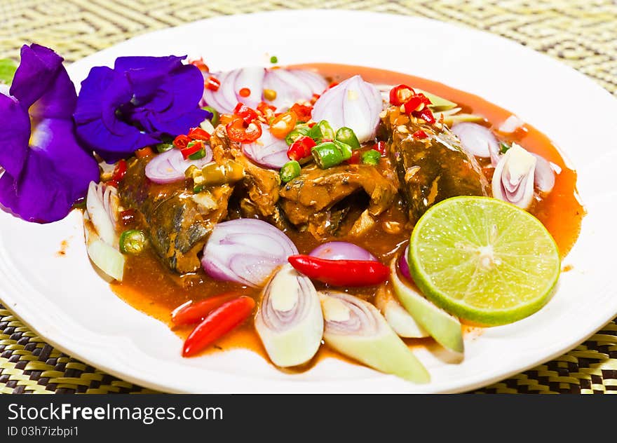 Thai cuisine , mackerel fish with  sauce. Thai cuisine , mackerel fish with  sauce