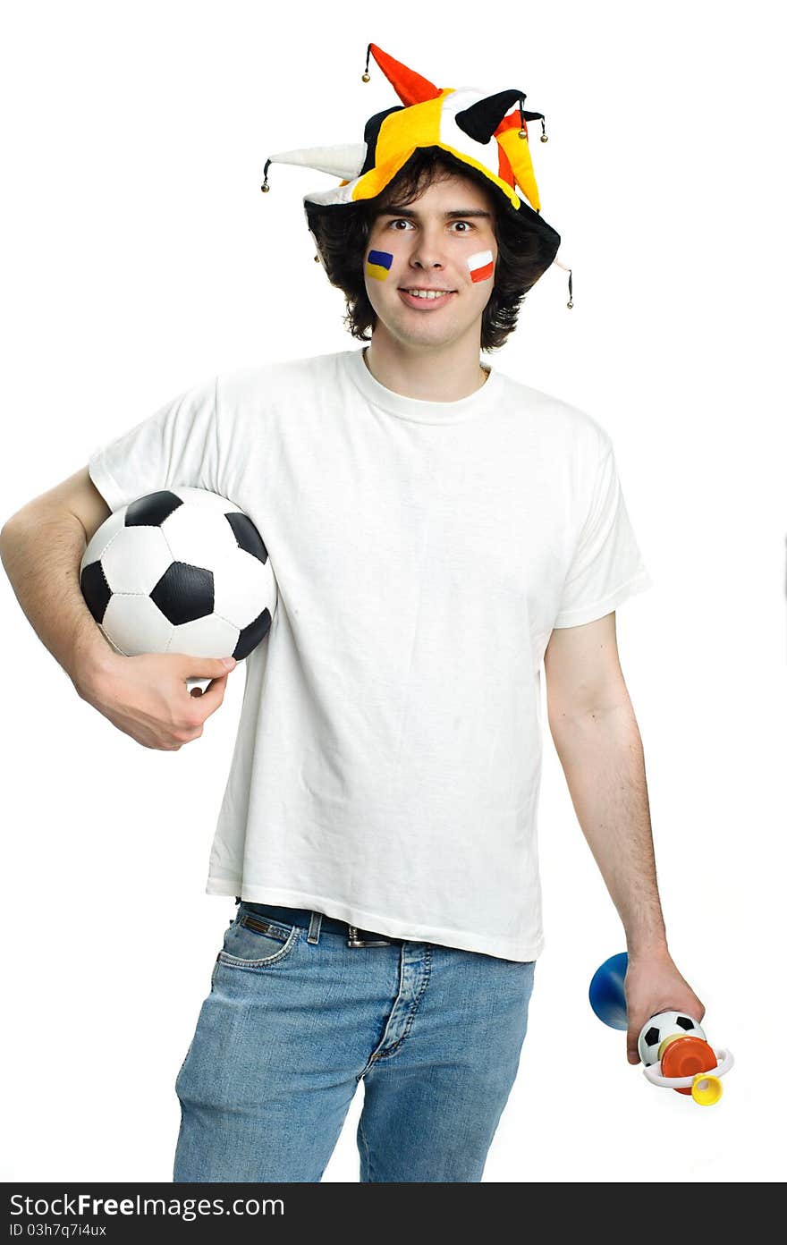 Football fan with ball and trumpet