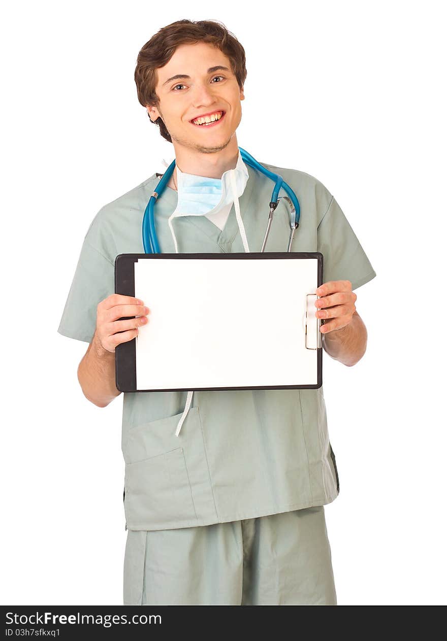 Young medical worker with clipboard