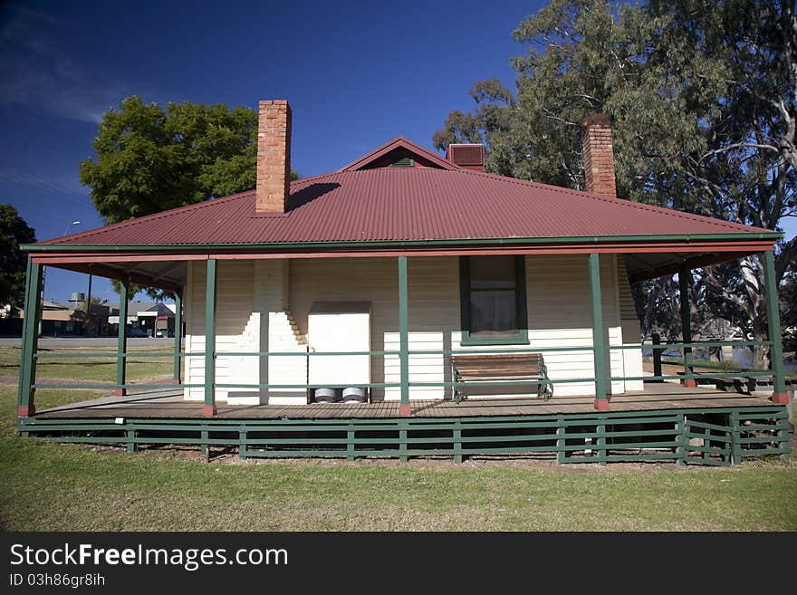 1930s restored timber and tin construction in the town of Tooleybuc, New South Wales, Australia - Tooleybuc Bridge Keepers Cottage