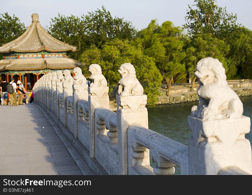 Stone lions against blue sky in Summer Palace,Beijing,China