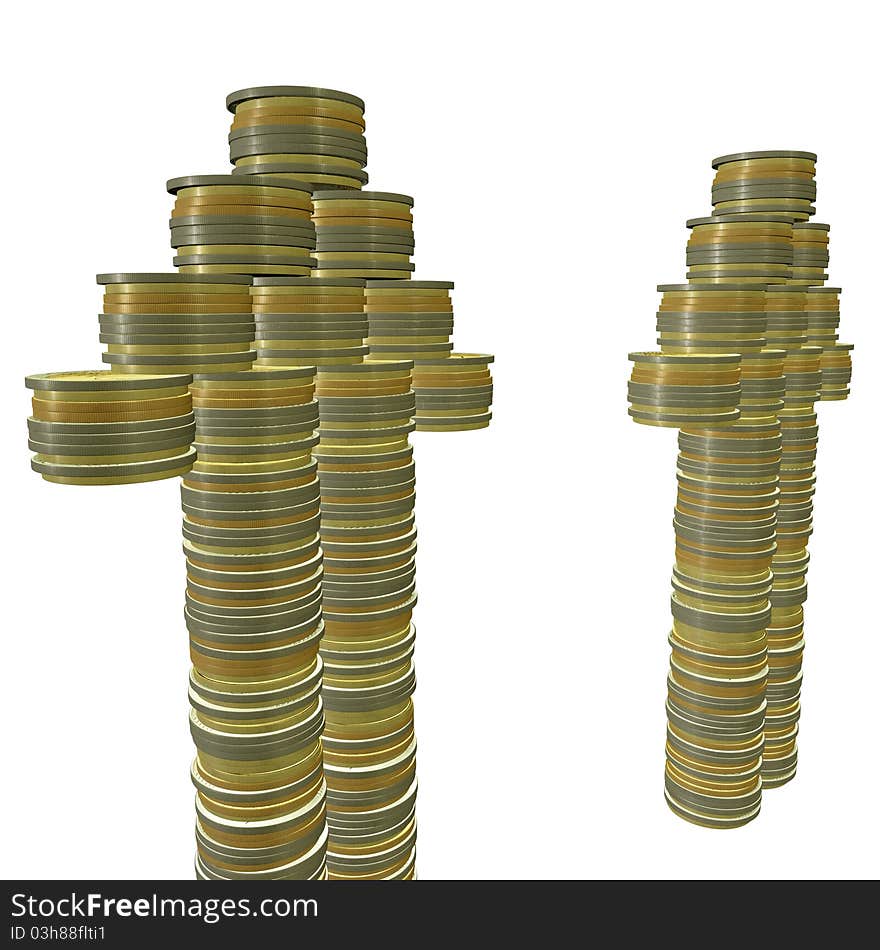 3d Stacks of Euro coins arrow going up. 3d Stacks of Euro coins arrow going up