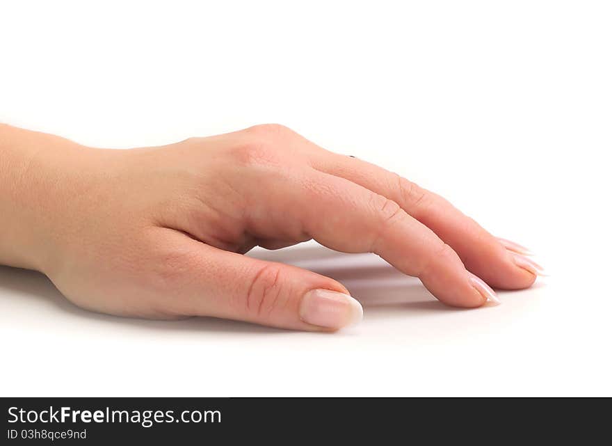 Women's hand on white with manicure