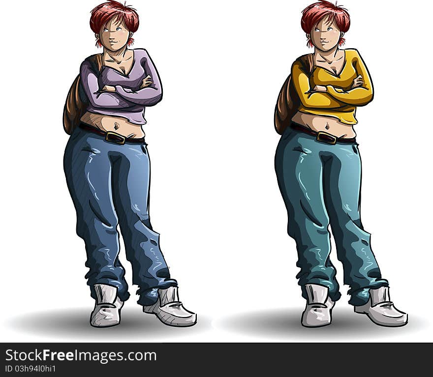 A  illustration of a red head woman stands and holds a bag on one shoulder. 2 versions with different colors and shadings. A  illustration of a red head woman stands and holds a bag on one shoulder. 2 versions with different colors and shadings.