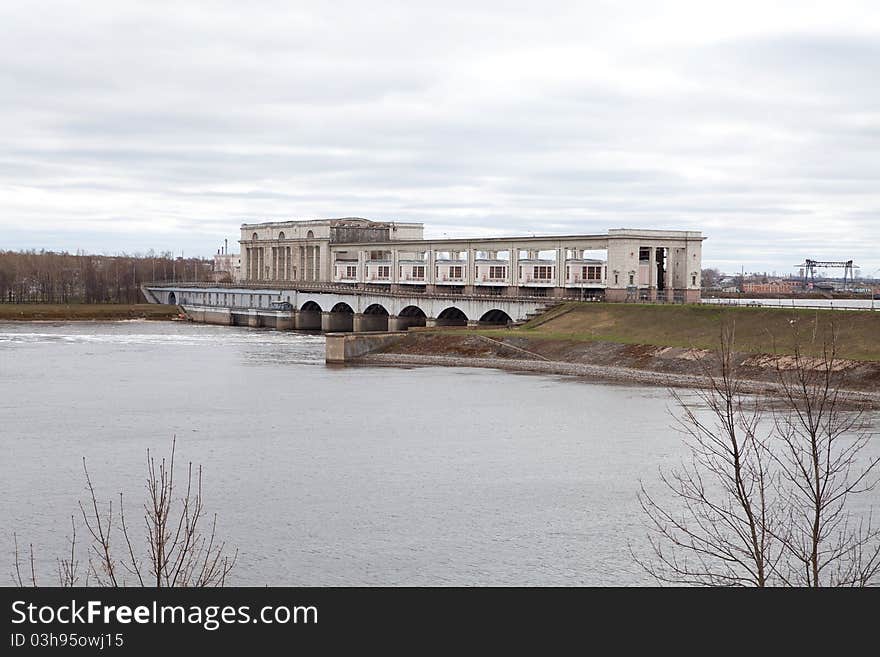 Water barrier dam in Uglich. Russian federation