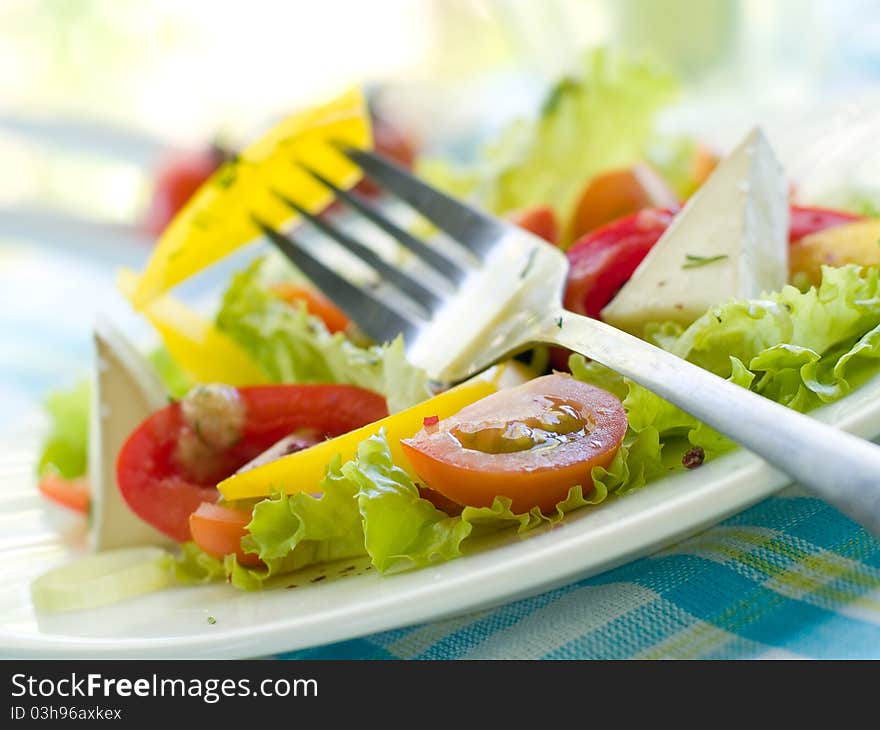 Gresh vegetable salad with cheese. Shallow depth, selective focus