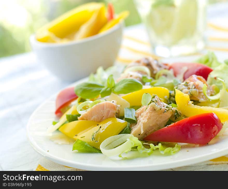 Fresh vegetable salad with grilled salmon