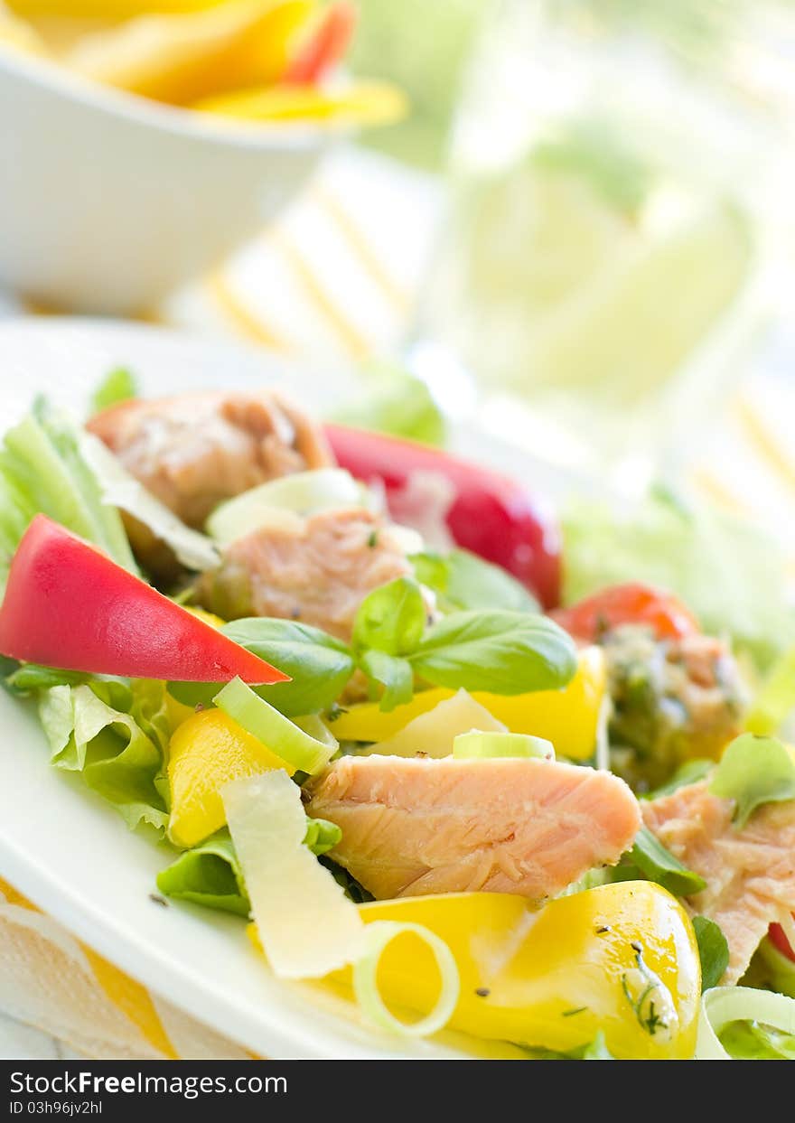 Fresh vegetable salad with grilled salmon