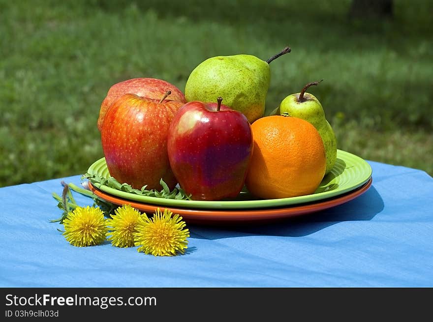 Plate of fruits in tha garden setting. Plate of fruits in tha garden setting