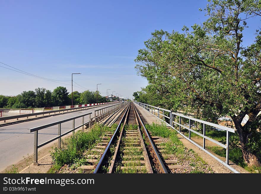 Straight railways on the bridge. Straight railways on the bridge