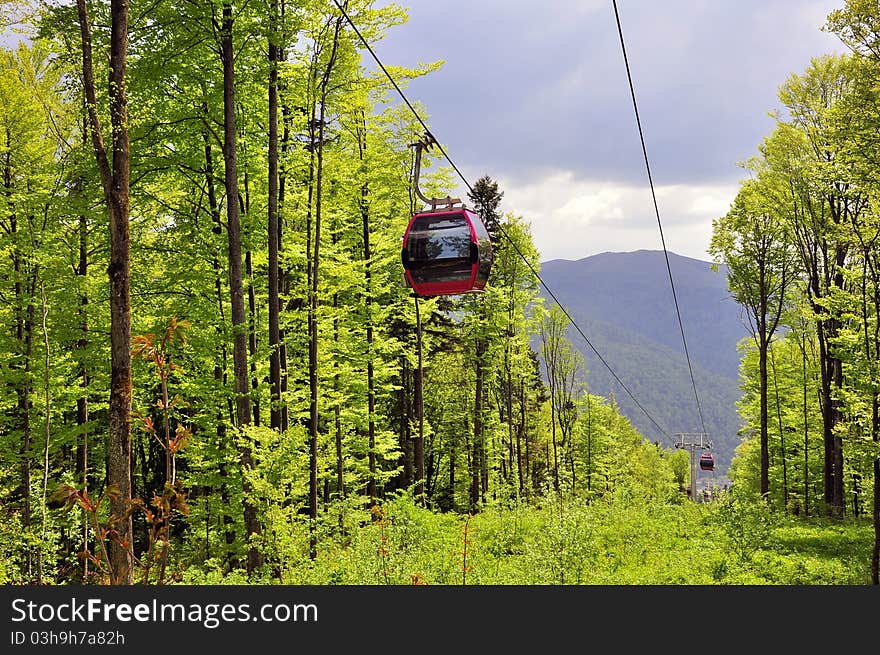 Twin cable car through the forest. Twin cable car through the forest