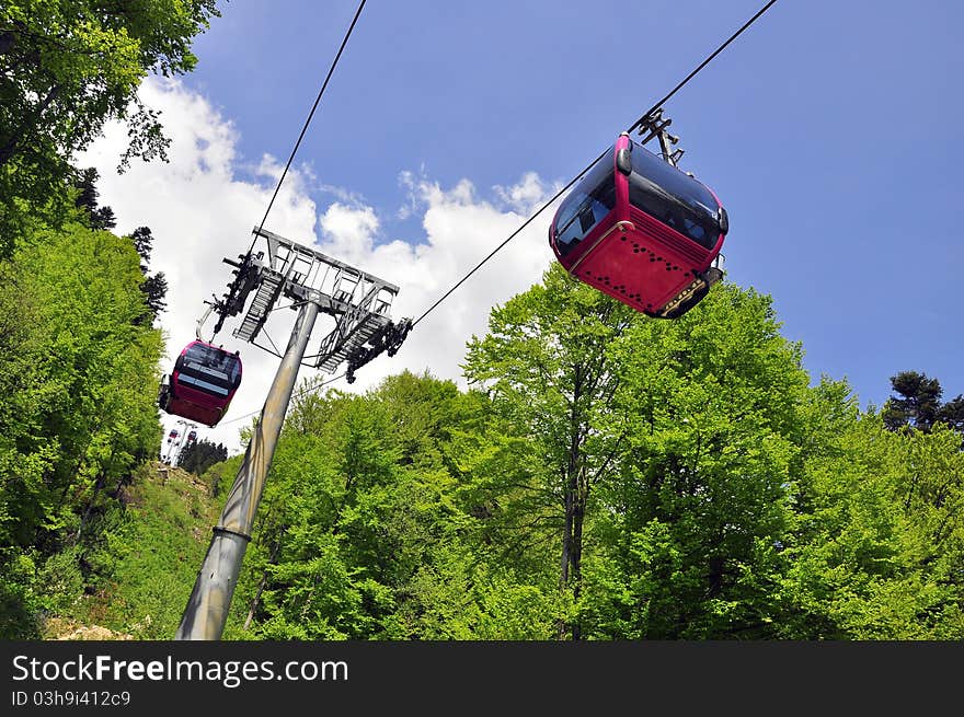 Twin cable car through the forest. Twin cable car through the forest