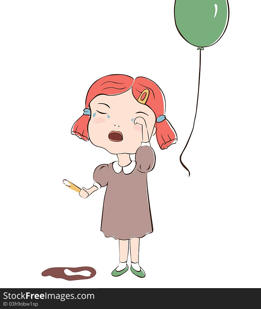 Cute girl lost her ice cream and balloon at the festival. Vector cartoon illustration.