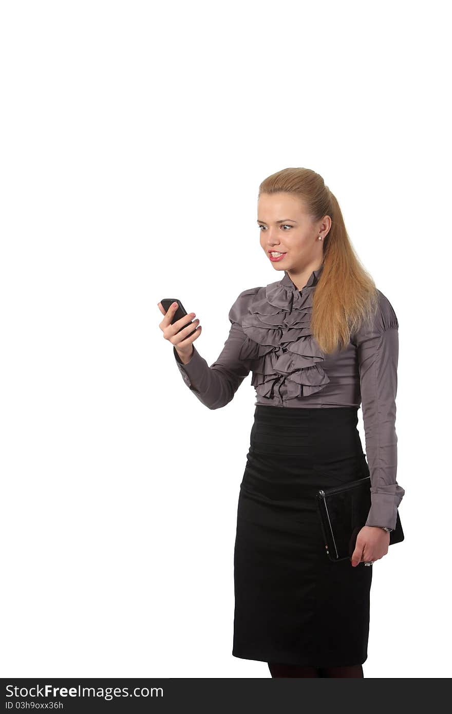 Young businesswoman with laptop speak phone. Young businesswoman with laptop speak phone