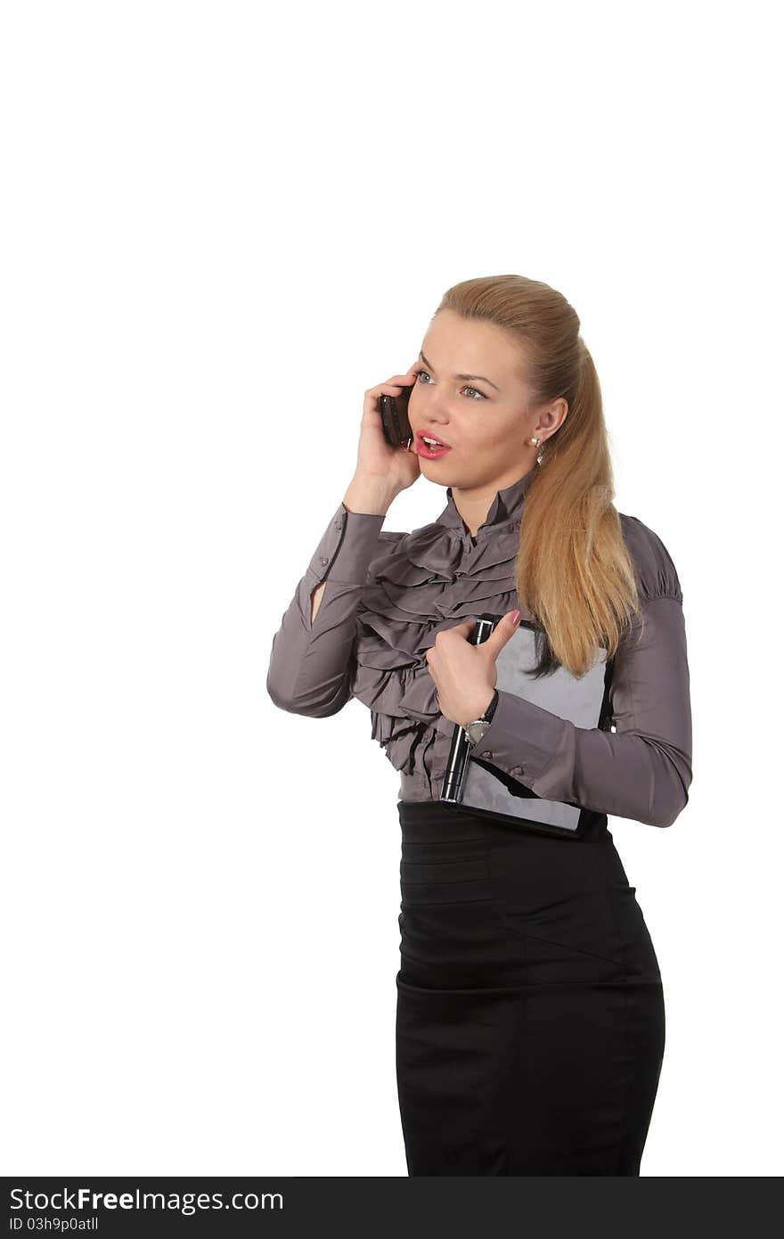 Young businesswoman with laptop speak phone. Young businesswoman with laptop speak phone