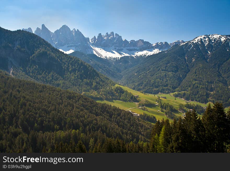 Spring pastures in Dolomite Mountains of Alta Adige region in Italy. Spring pastures in Dolomite Mountains of Alta Adige region in Italy