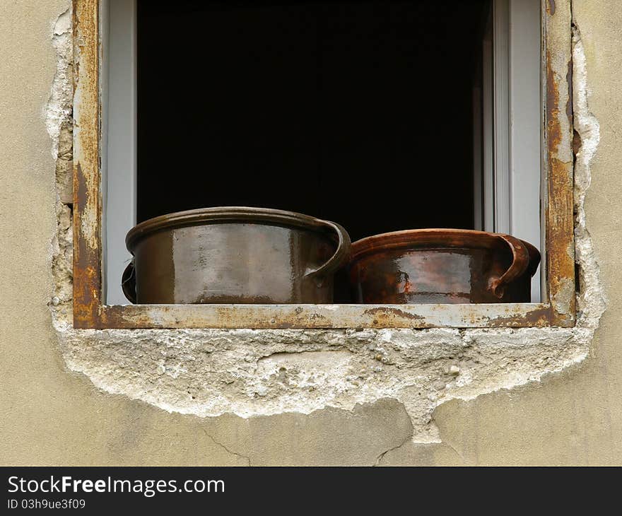 Weathered wall whit window and two pot. Weathered wall whit window and two pot